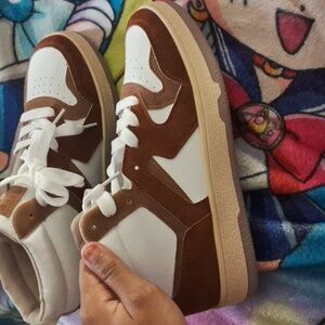 Brown and white sneakers